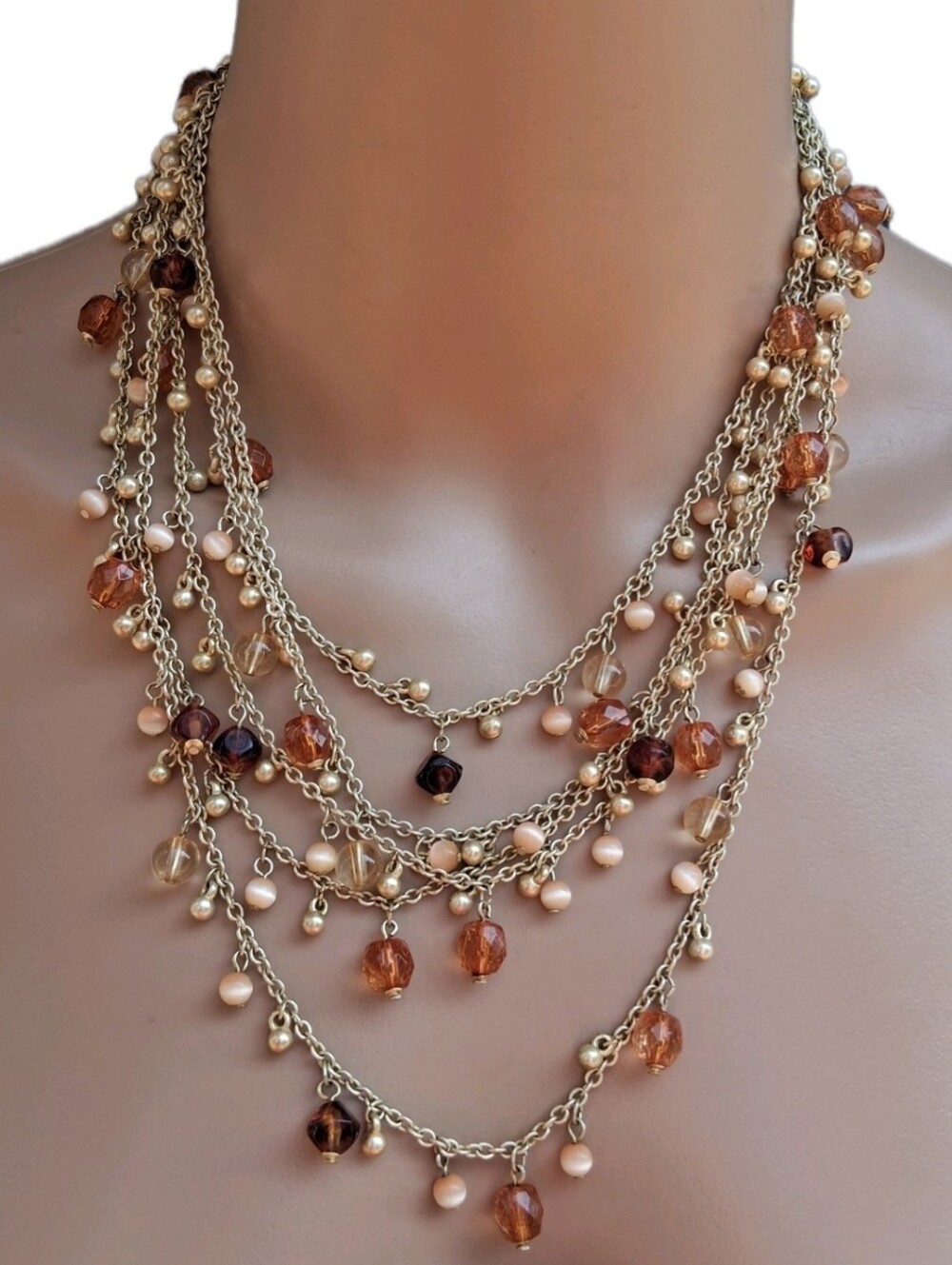 Vintage Multi Strand Cascading Bead Necklace Gold Tone Amber Moonstone Dangle